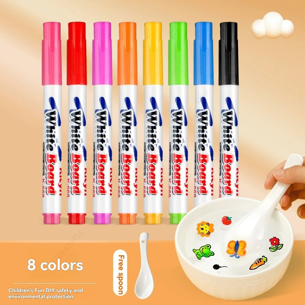 Ocho marcadores reutilizables borrables de varios colores, de pie en fila con una cuchara blanca y un tazón