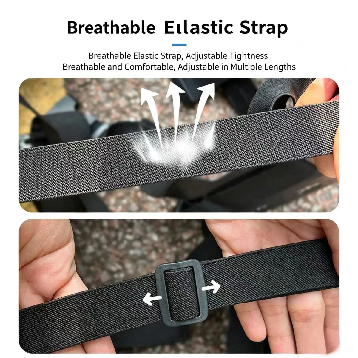 Nahaufnahme eines schwarzen, atmungsaktiven elastischen Riemens, verstellbar in der Länge, gehalten von einer Hand.