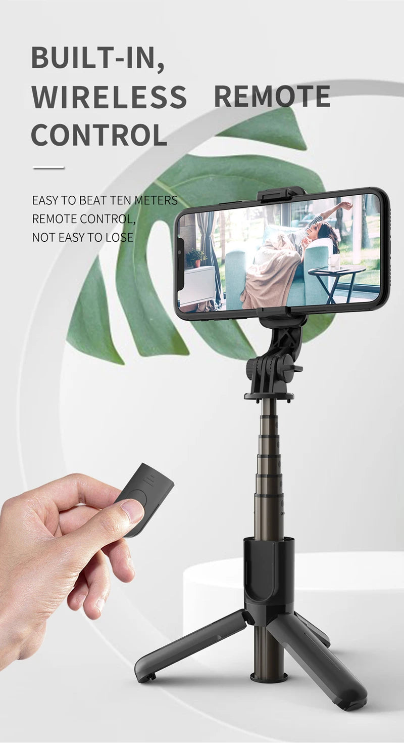 A black Bluetooth selfie stick with an LED fill light is mounted on a tripod stand, demonstrating built-in wireless remote co