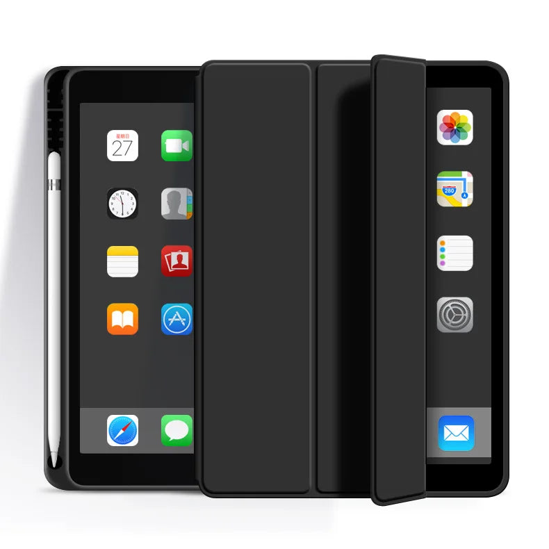 A black tablet with a premium TPU protective case showing various app icons on the screen.