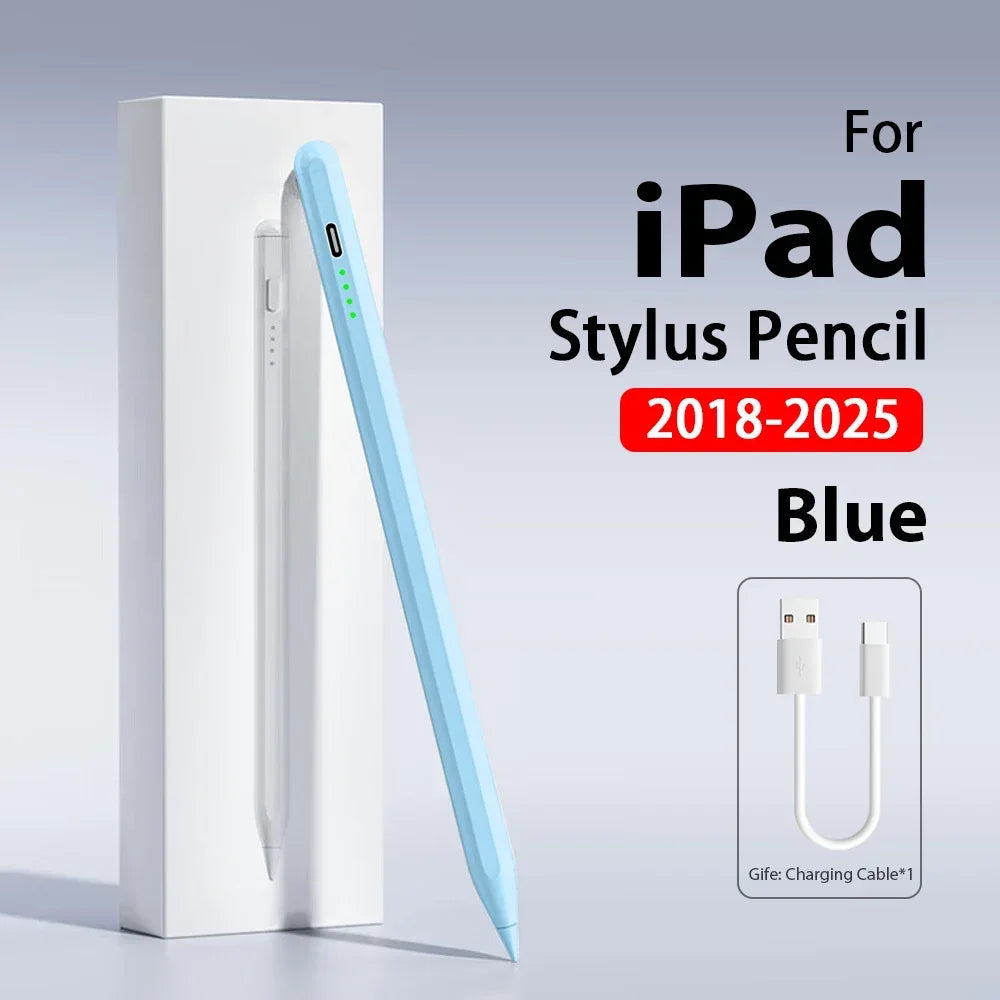 Blue iPad stylus pencil stored in a white case with a charging cable.