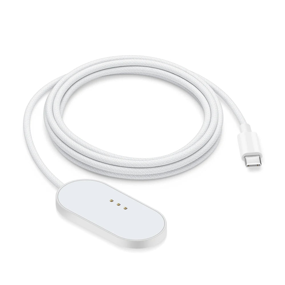 White magnetic wireless charging adapter with a coiled cable and a rectangular charging pad.