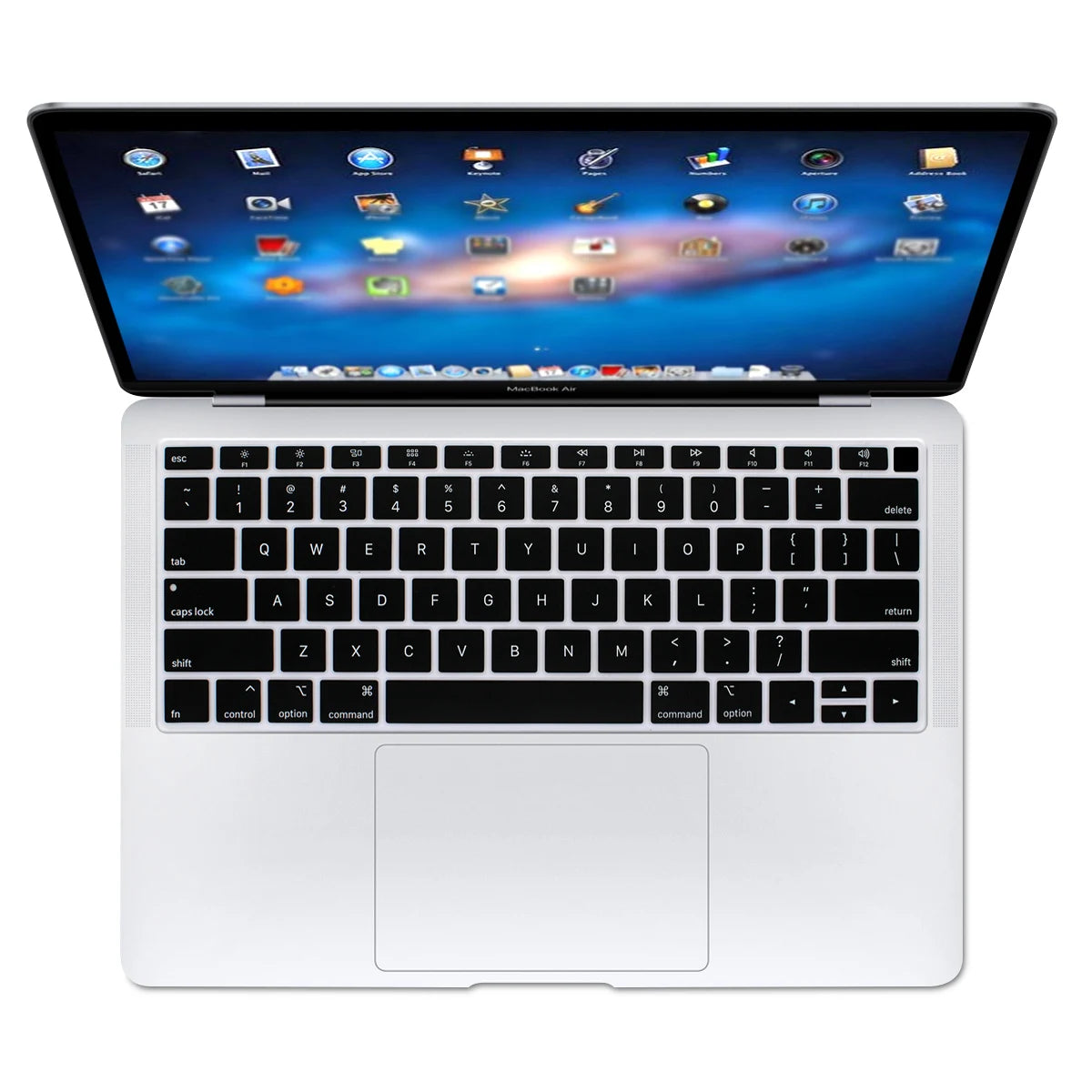 A white silicone keyboard cover for a MacBook Air or Pro, shown open with the display on.