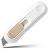 A white portable mini paper cutter with a beige blade is shown in a profile view.