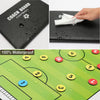 A green soccer field board with numbered markers and water droplets, showing a close-up of the magnetic coaching board.