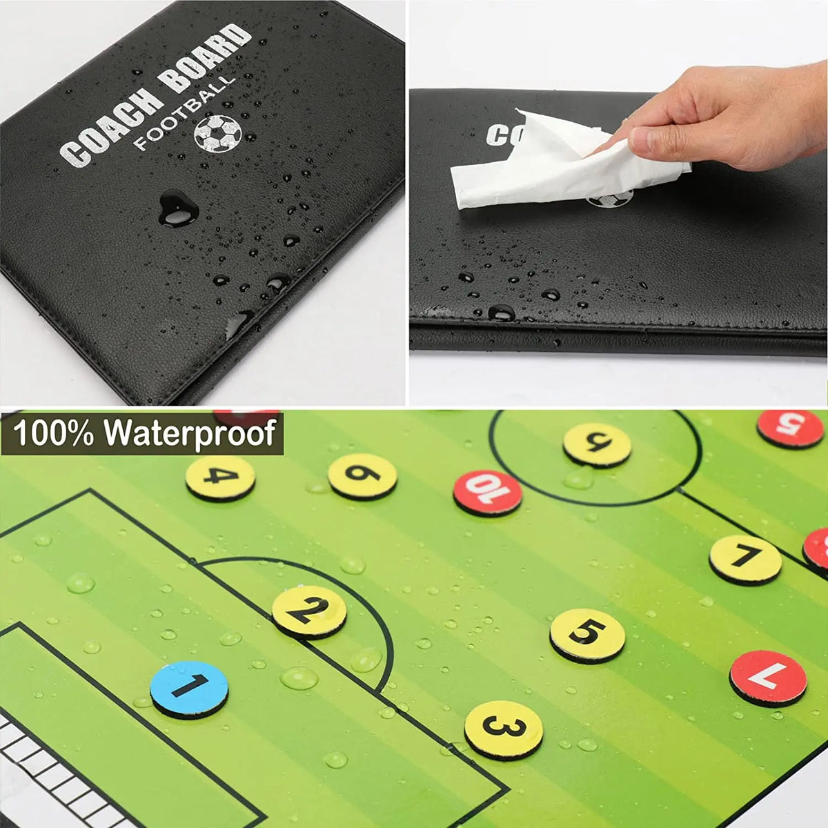 A green soccer field board with numbered markers and water droplets, showing a close-up of the magnetic coaching board.