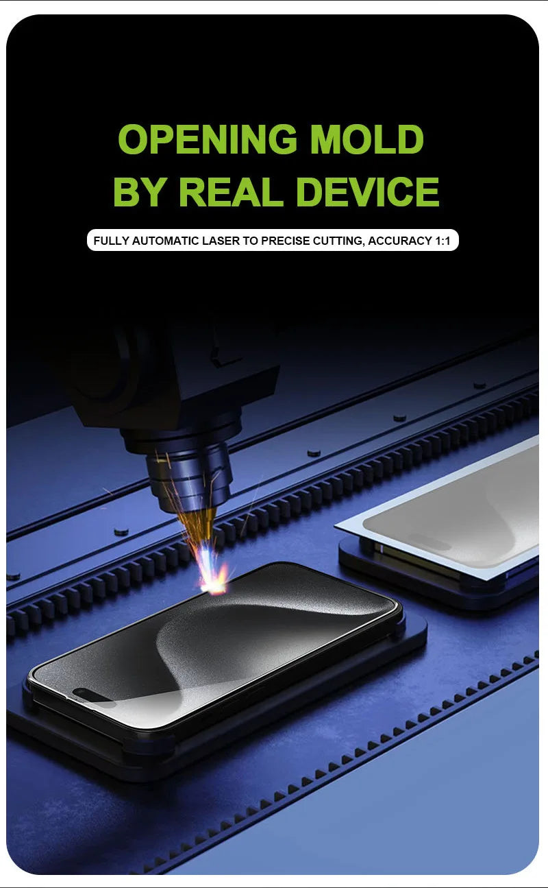 Dispositivo que usa un láser para cortar una abertura en un protector de pantalla de smartphone.