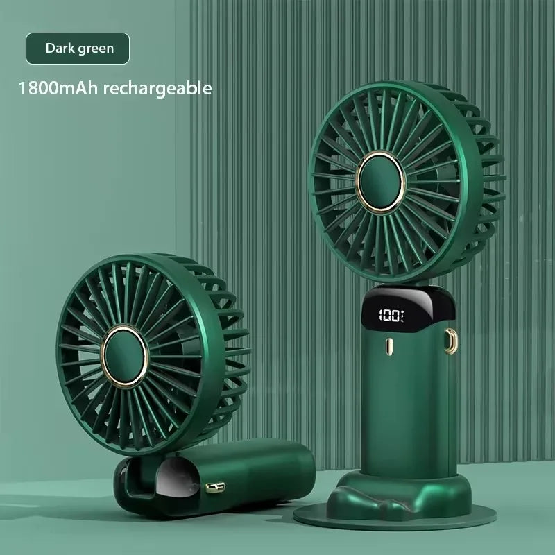 مروحة محمولة قابلة لإعادة الشحن عبر USB ومثبت للهاتف بتصميم شبكي دائري بلون أخضر داكن.