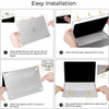 Instructions showing how to easily install a durable hard shell cover for a MacBook Pro using clips.