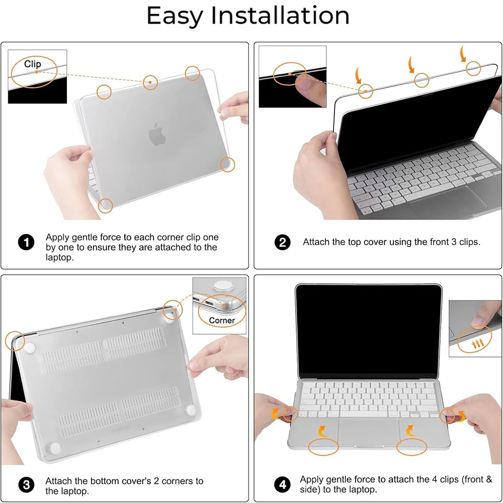 Instructions showing how to easily install a durable hard shell cover for a MacBook Pro using clips.