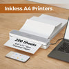 A compact thermal receipt printer is shown next to a laptop and a stack of paper, demonstrating inkless A4 printing.