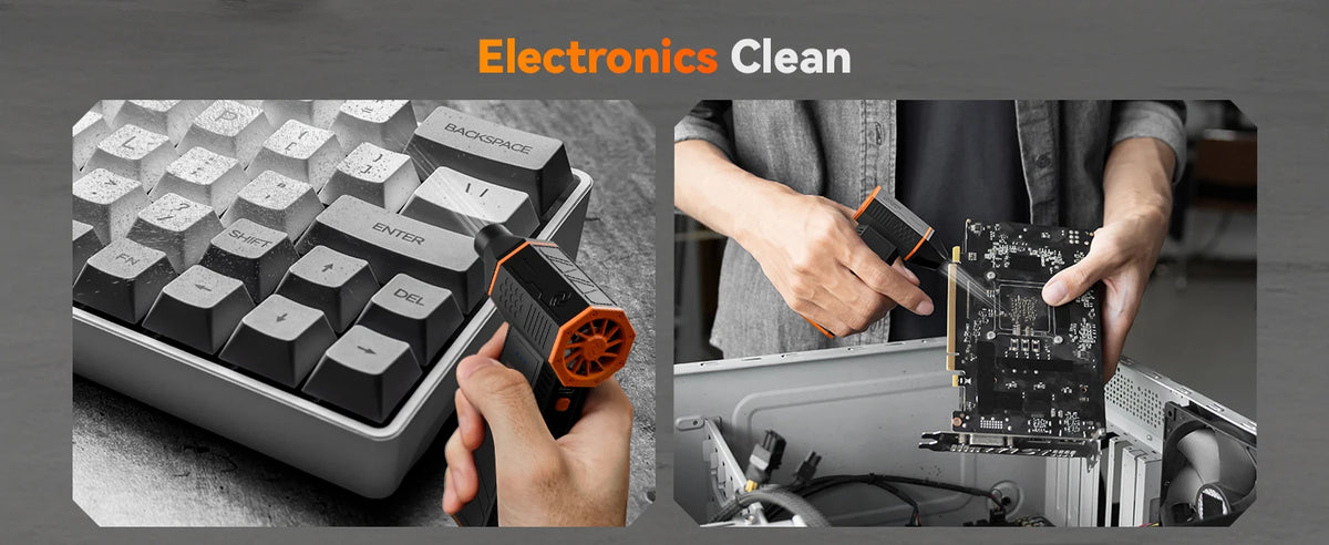 A hand is using a high-power rechargeable electric air duster to clean electronics.