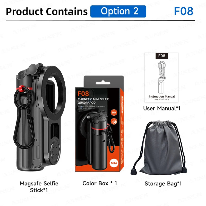 Magnetic Mini Selfie Quadrapod stick in black with a storage bag and instruction manual