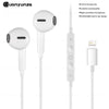 A white wired in-ear earphone with a detachable microphone and charging connector.