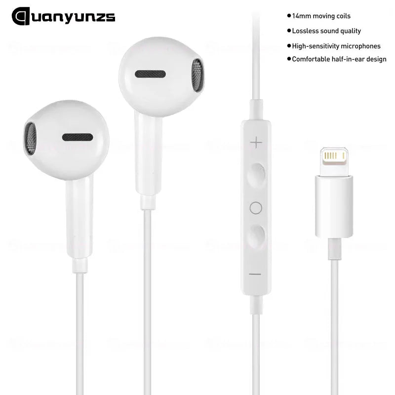 A white wired in-ear earphone with a detachable microphone and charging connector.