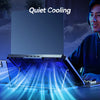 A laptop is placed on a cooling pad with blue light emanating from the fans, demonstrating quiet cooling.