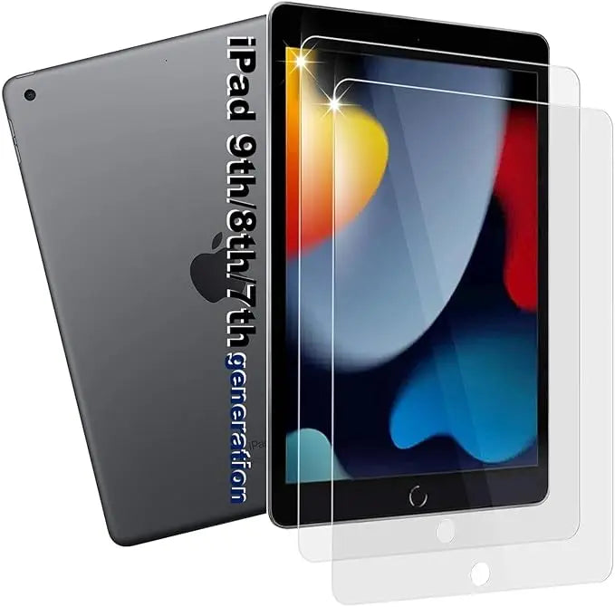 A transparent tempered glass screen protector is shown alongside an iPad 9th generation tablet.