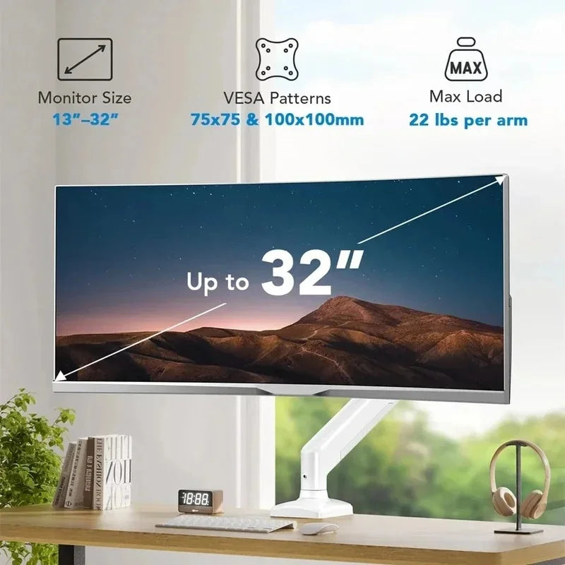 A white adjustable monitor arm is shown next to a computer monitor, illustrating its size and load capacity.