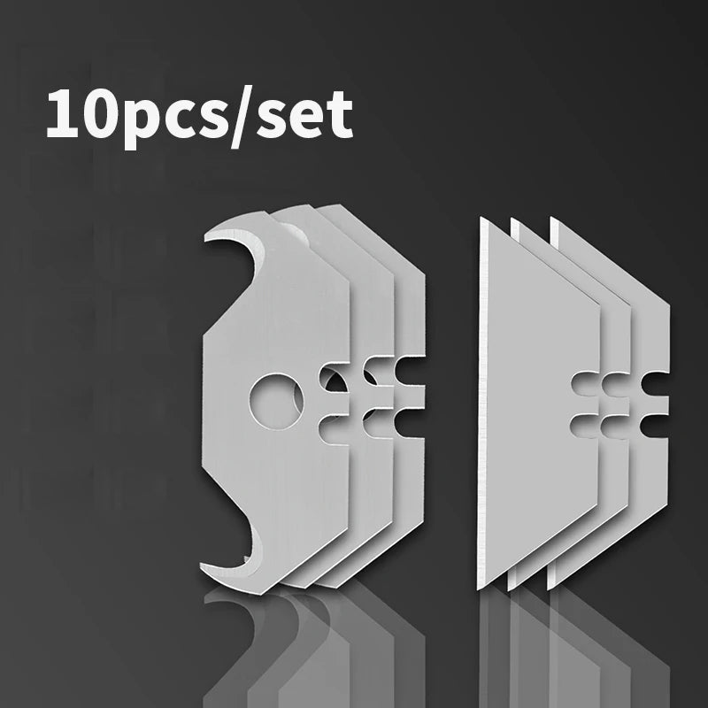 Diez piezas de un juego de cuchillas multiherramienta para bricolaje y manualidades, en color gris.