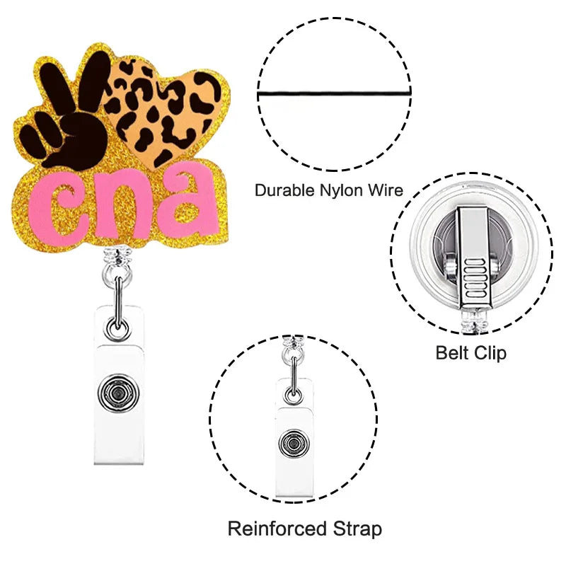 A gold and pink leopard print CNA badge holder with a durable nylon wire, belt clip, and reinforced strap.