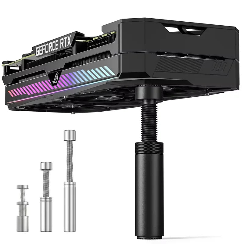 Black adjustable magnetic GPU support bracket with aluminum construction and mounting screws