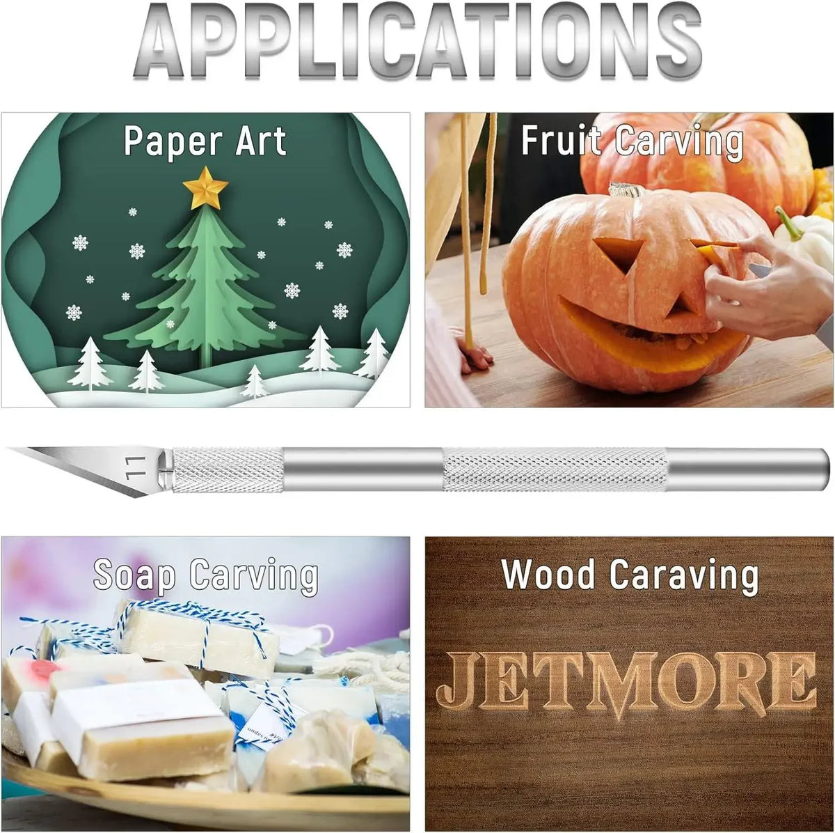 A collection of precision craft knives used for various carving projects including paper art, fruit carving, soap carving, an