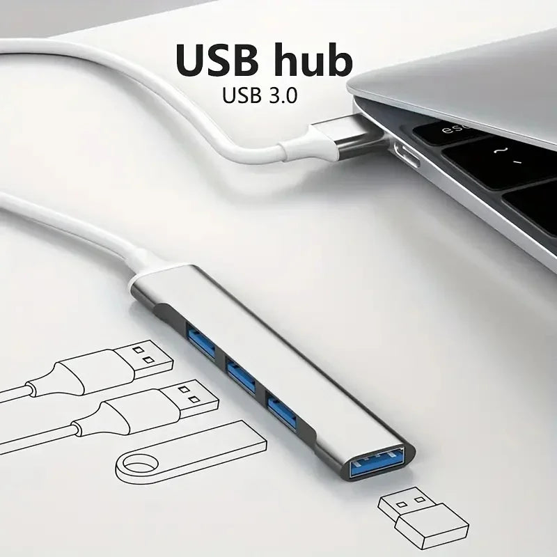 A white USB hub with four ports and an OTG adapter is shown connected to a laptop.