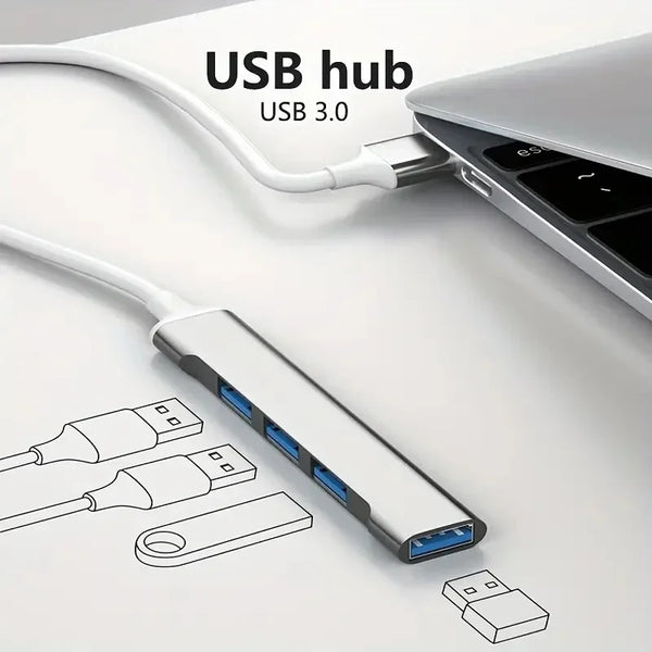 A white USB hub with four ports and an OTG adapter is shown connected to a laptop.