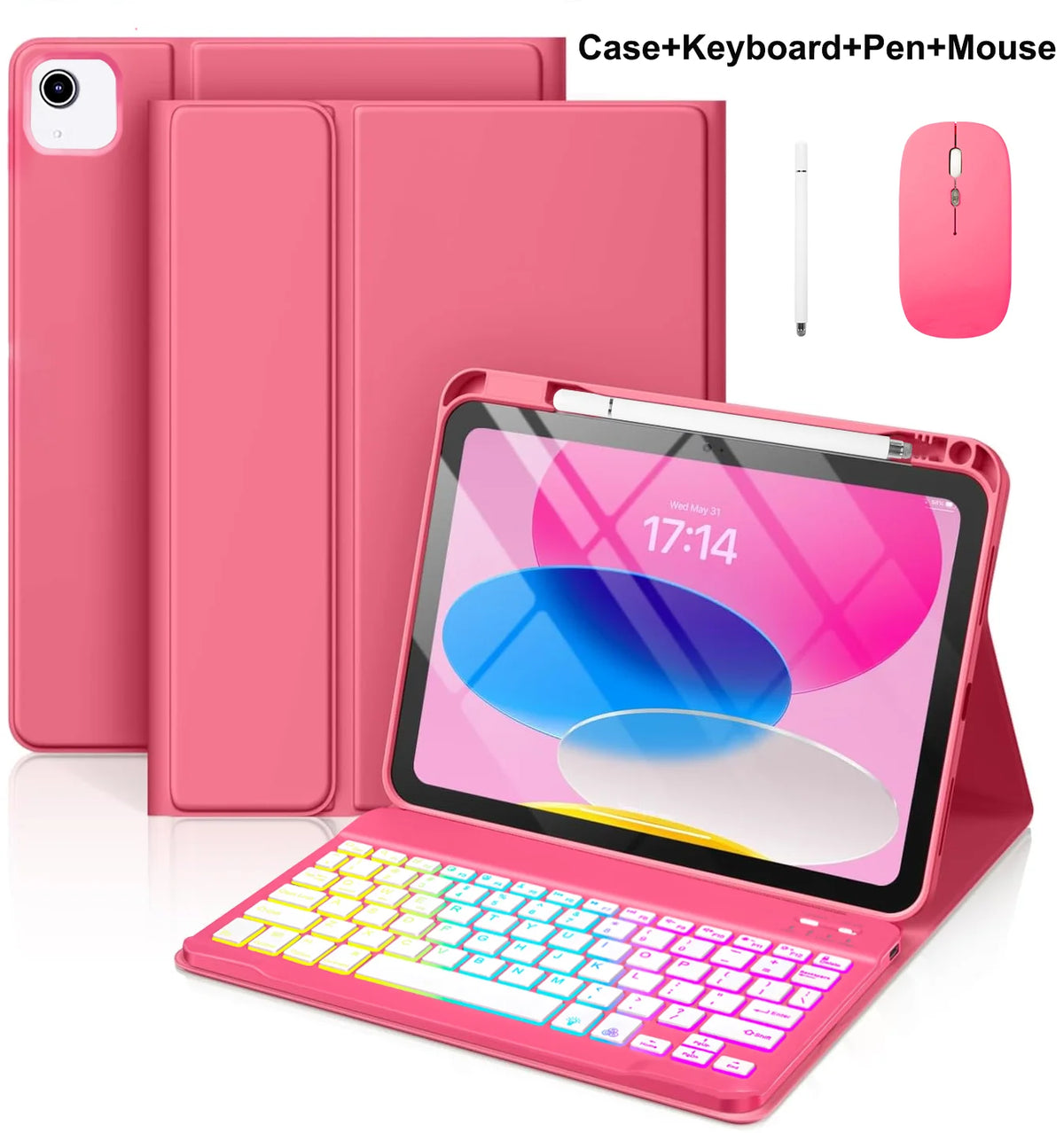 A pink multi-function case for an iPad showing a keyboard, pen, and mouse included.