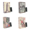 A collection of vintage-style boxes and mobile phones featuring text like LOVE with your WHOLE HEART and ROUTE 66.