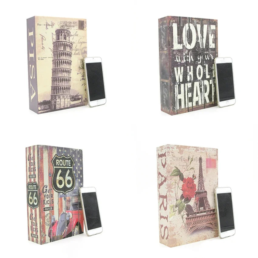A collection of vintage-style boxes and mobile phones featuring text like LOVE with your WHOLE HEART and ROUTE 66.