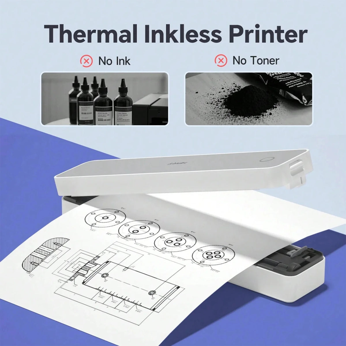 A white compact thermal receipt printer is shown with a printed receipt on a sheet of paper.