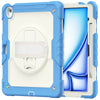 A heavy duty shockproof iPad case in blue and white showing the interior with a screen protector and accessories.