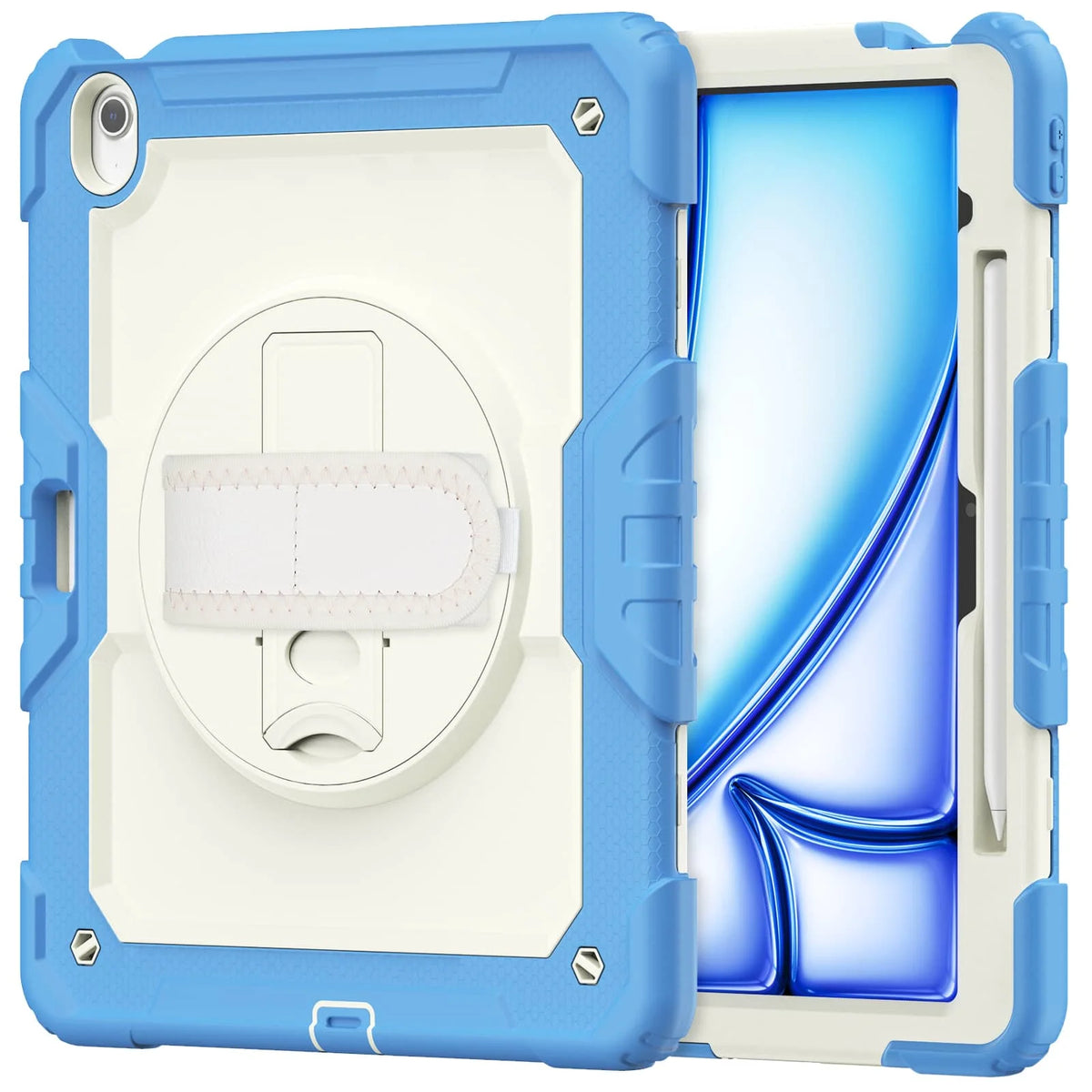 A heavy duty shockproof iPad case in blue and white showing the interior with a screen protector and accessories.