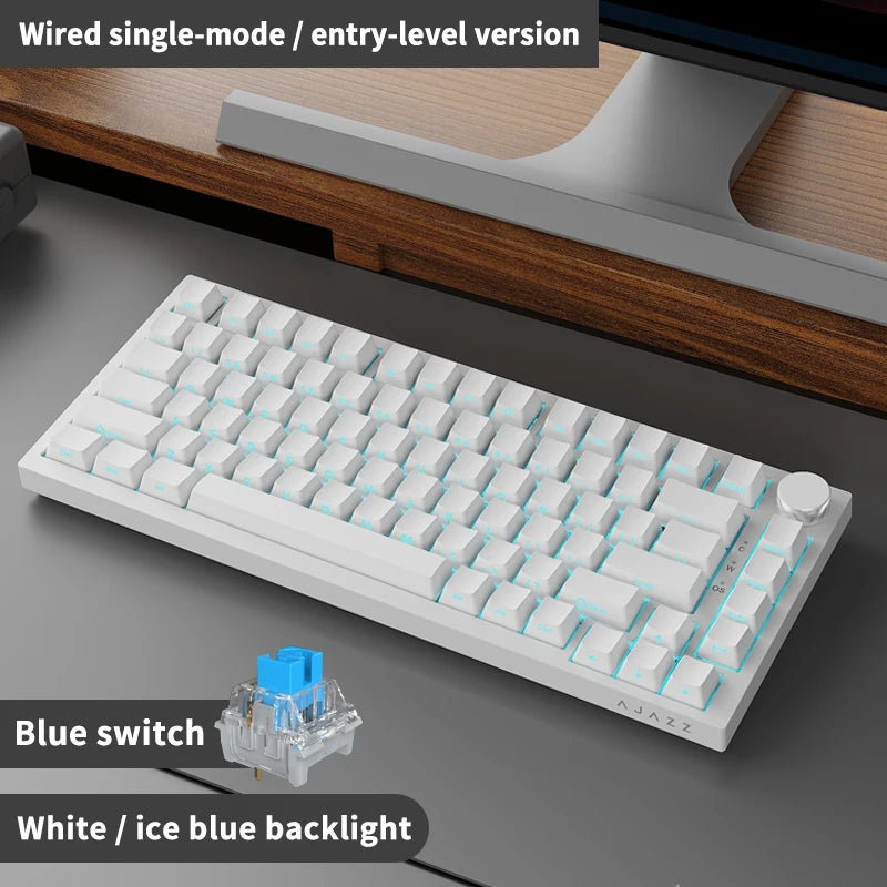 A white mechanical keyboard with blue switches and ice blue backlight is shown on a wooden desk.