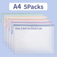 A set of five A4 waterproof mesh zipper document pouches in various pastel colors.