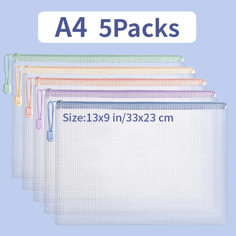 A set of five A4 waterproof mesh zipper document pouches in various pastel colors.