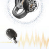 A silver wireless clip-on earbud and charging case demonstrating call quality, vocal enhancement, and transmission stability.