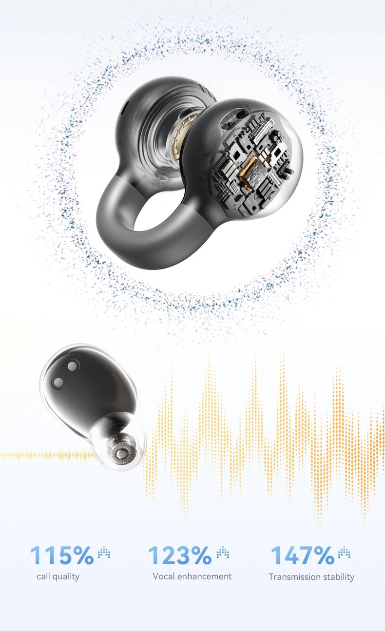 A silver wireless clip-on earbud and charging case demonstrating call quality, vocal enhancement, and transmission stability.