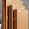 A set of A4, B5, and A5 kraft cover notebooks showing their dimensions.