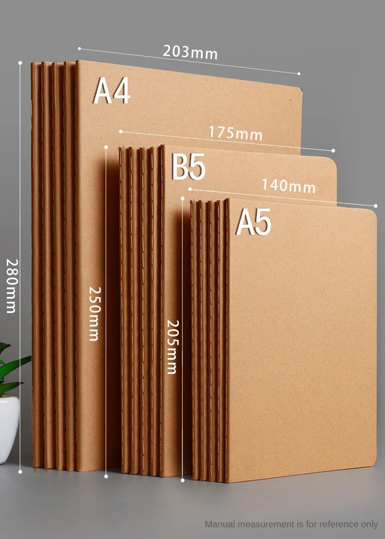 A set of A4, B5, and A5 kraft cover notebooks showing their dimensions.