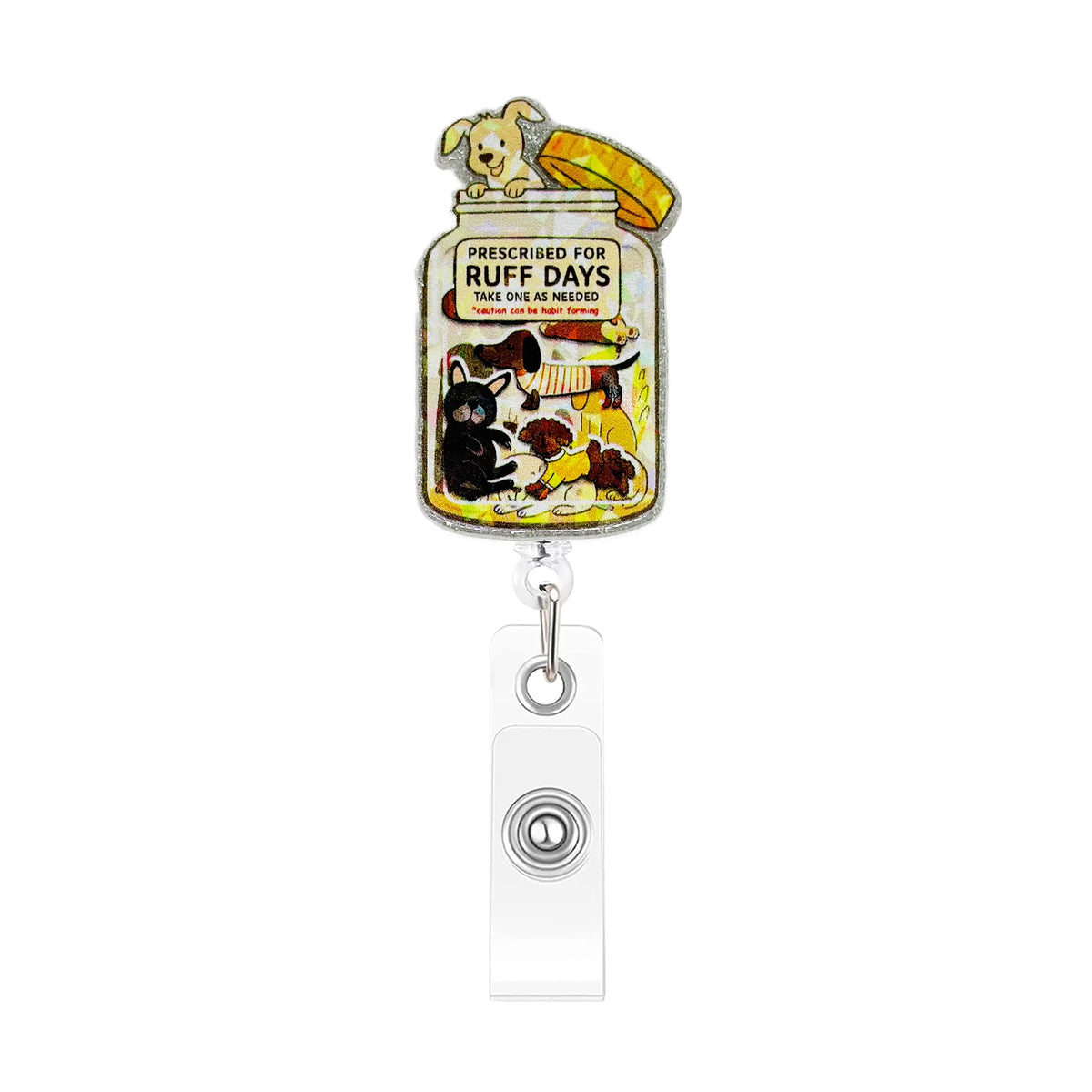 Acrylic nurse badge reel with a graphic featuring various animals and text for Ruff Days