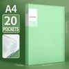 A green A4 clear book folder with 20 pockets shown next to a ruler for scale.