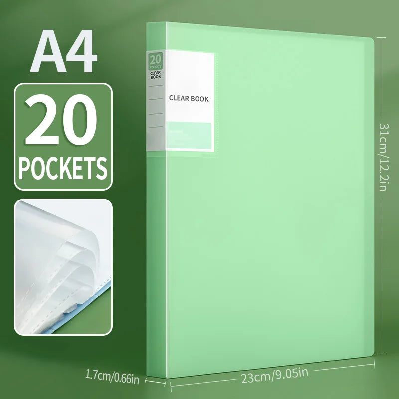 A green A4 clear book folder with 20 pockets shown next to a ruler for scale.