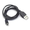 Black mini USB data and charging cable with a connector for cameras and other devices