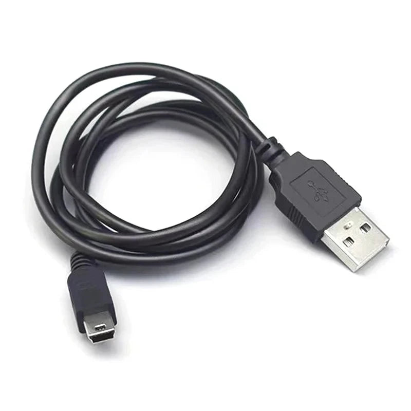 Black mini USB data and charging cable with a connector for cameras and other devices