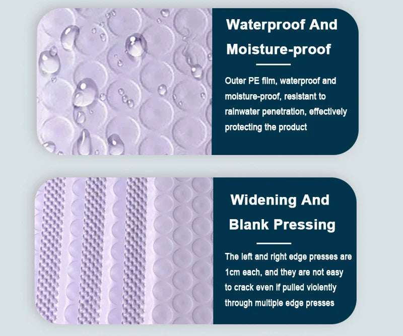 Purple padded bubble mailers with self-seal closure featuring waterproof and moisture-proof outer film and widening blank pre