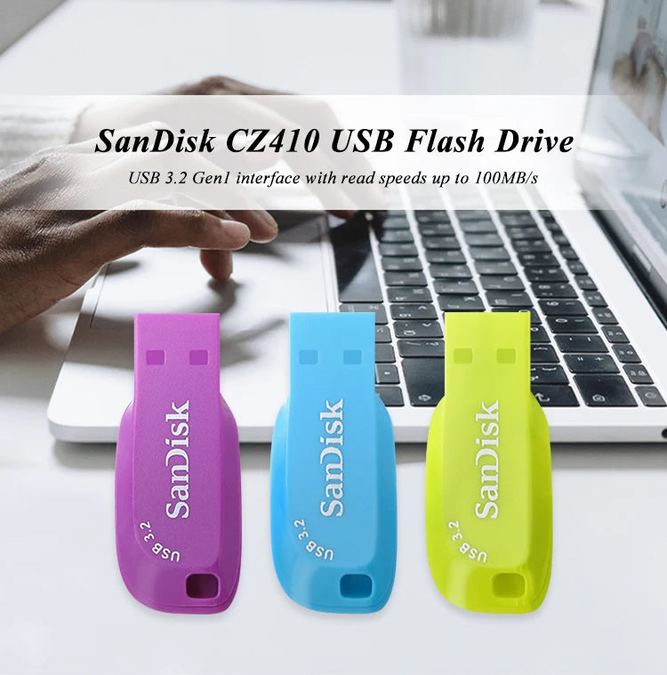 Three SanDisk CZ410 USB flash drives in purple, blue, and yellow colors displayed on a white surface.