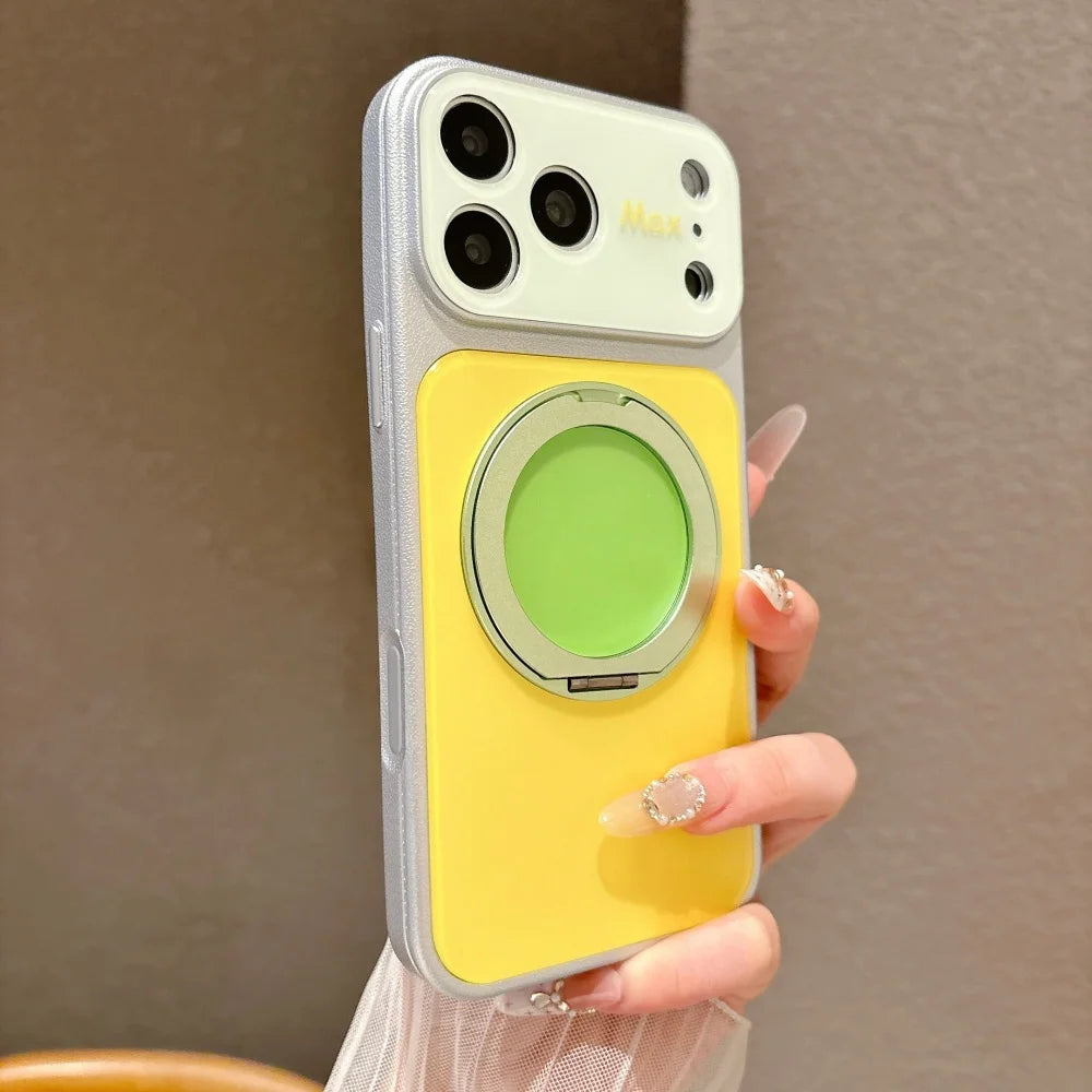 A yellow magnetic ring stand shockproof phone case with a camera lens is held by a hand.