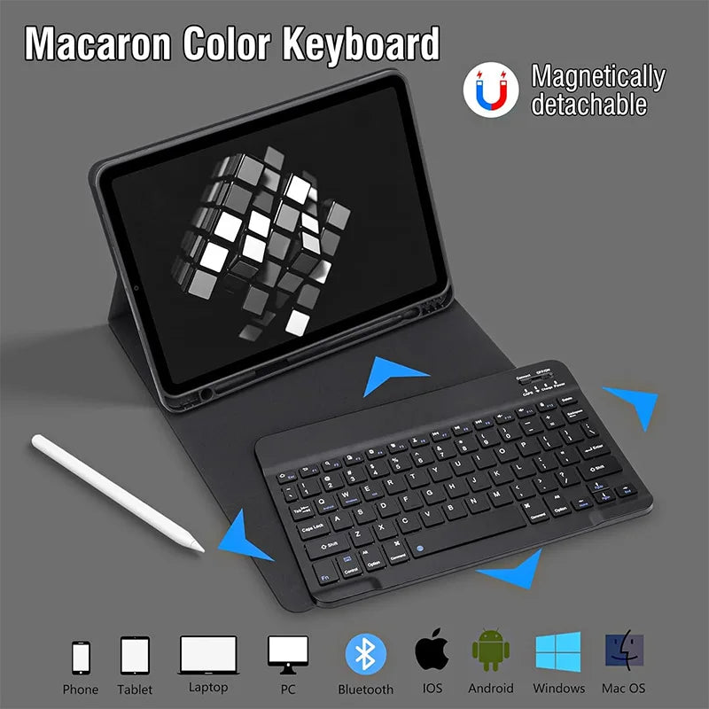 A black Magic Keyboard is magnetically detachable and shown alongside an iPad Air tablet.